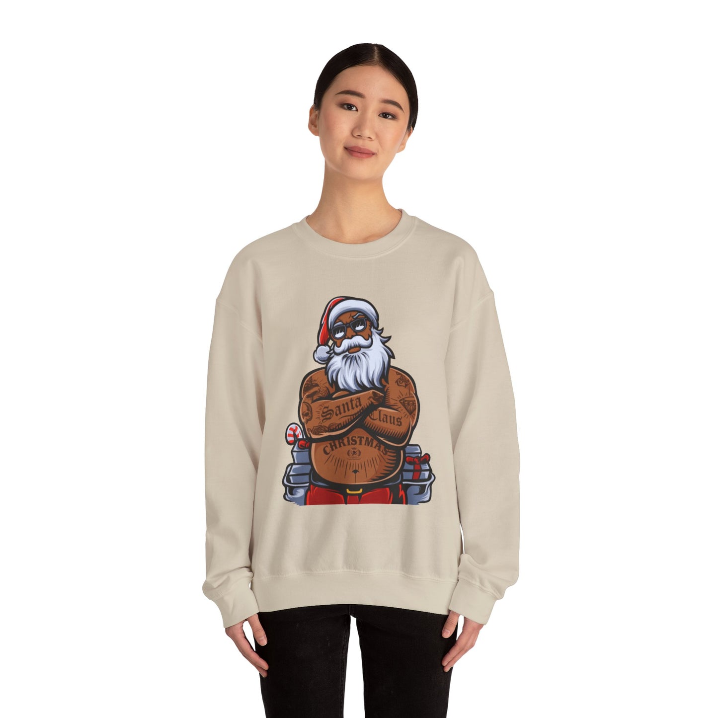 Tattooed Santa Crewneck Sweatshirt — Edgy Christmas Holiday Sweater