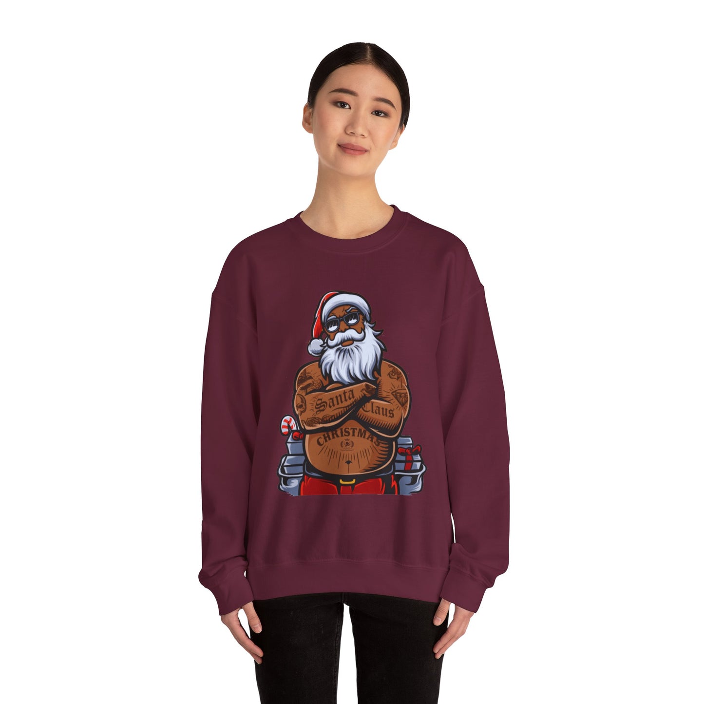 Tattooed Santa Crewneck Sweatshirt — Edgy Christmas Holiday Sweater